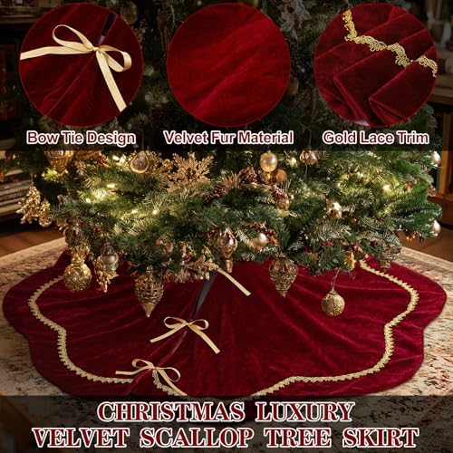 Arrowbash Red 84 Inch Christmas Tree Skirt Velvet Scallop Ddge