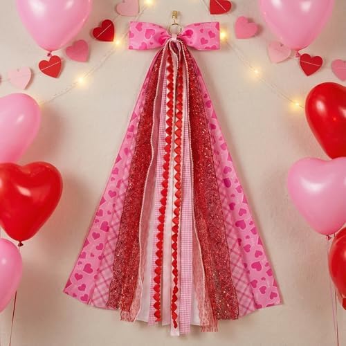 Valentine's Day Wreath Sash for Door, Large Bow Decoration with Metal Clip, 9 Ribbon Swag for Wreath, Front Entry, Fireplace, Fence - Pink Red Love Heart Bow Valentine Decor