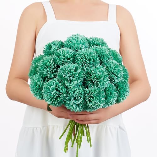 SITUMEIZI 12 Pcs Teal Flowers Artificial Chrysanthemums, Fake Mums