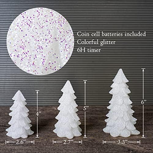 Glittering White Christmas Tree Shaped Flickering Flameless LED Candles with Timer, Real Wax Battery Operated for Home Party Decoration and Gift (Set of 3)