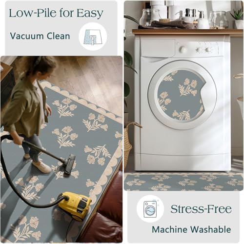 Front Door Mat Indoor Entrance - 2x4.3 Ft Floral Washable Layered Doormat Outdoor Entrance Porch Rug Non-Slip Blue