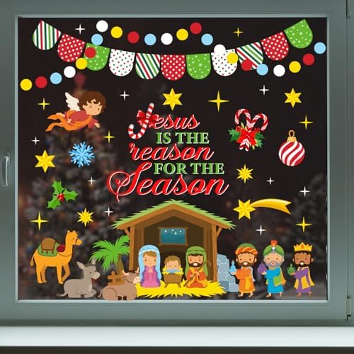 Whaline 9 Sheets Christmas Christian Window Cling Stickers Jesus Nativity Scene Window Decals Xmas Cartoon Reusable Decoration for Holiday Party Home Classroom