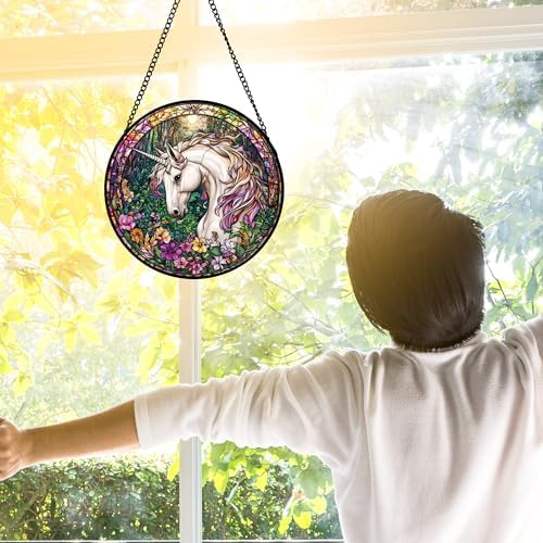 Unicorn in Flower Forest Stained Glass Window Hanging Suncatcher Gift 6.3"