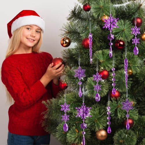 32pcs Crystal Christmas Ornaments for Christmas Tree Decorations-Purple Hanging Acrylic Snowflake and Icicle Ornaments with Drop Pendants for Xmas Winter Wonderland New Year Party Decorations Supplies