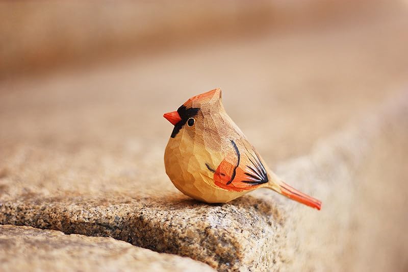 Small Wooden Christmas Female Bird Statue Decor / Female Cardinal / Red