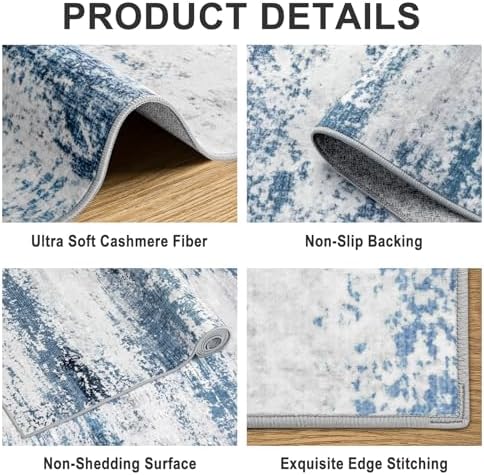 PLHXFR Area Rug Living Room: 4x6 Abstract Washable Carpet White Blue