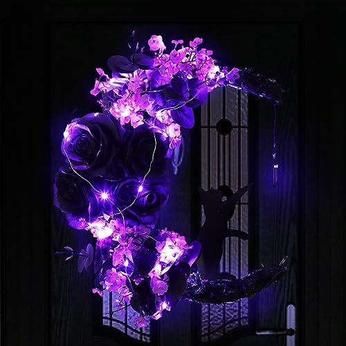 Black Rose Halloween Wreath with Lights, Crescent Moon Cat Wreath