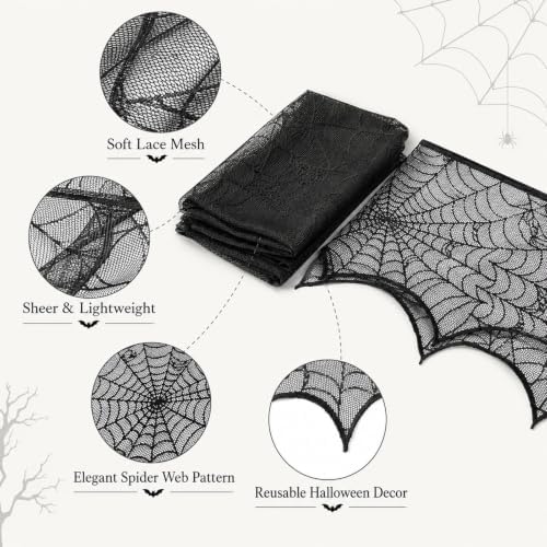 2-Pcs Halloween Fireplace Decorations - 18x98 Inch Black Lace Spiderweb Mantel Scarf Cover for Stair Handrails Door Curtains Spooky Party Supplies Haunted House Indoor Outside Decor Set