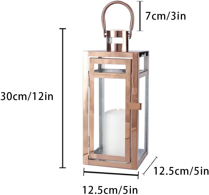 TRIROCKS Stainless Steel Decorative Lantern 12'' High Metal Candle Holder with Tempered Glass Perfect for Home Decor