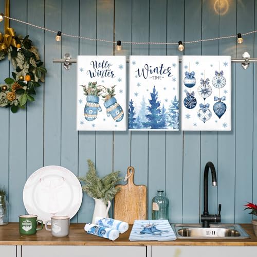 VitalCozy 12 Pcs Blue Christmas Kitchen Towels, Hello Winter Dishcloths