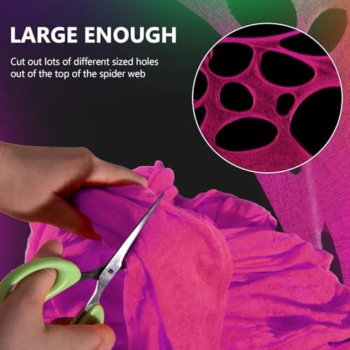 Glow in The Dark Pink 1000 Sqft Uncut Giant Spider Web Halloween Decorations Outdoor with 1 Black Light &10 Ground Nails Stretchy Beef Cloth Netting Cut-Your-Own for Yard Party