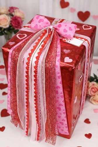 Valentine's Day Wreath Sash for Door, Large Bow Decoration with Metal Clip, 9 Ribbon Swag for Wreath, Front Entry, Fireplace, Fence - Pink Red Love Heart Bow Valentine Decor