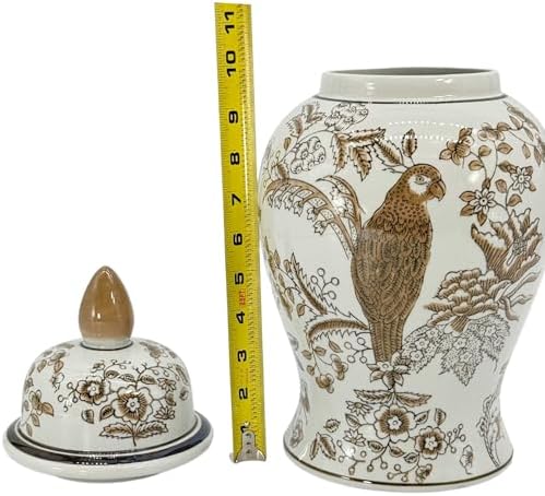 Galt International 14" Brown & White Floral Parrot Ceramic Porcelain Ginger Jar Floral Home Décor Jar Urn Shape Vase