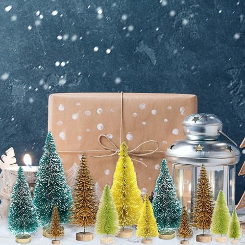 8pcs Mini Christmas Tree, Artificial Bottle Brush Trees with Wood Base, Tabletop Miniature XmasTrees with 4 Small Christmas Wreath, Fake Xmas Tree Ornament, White Christmas Tree for Christmas Décor