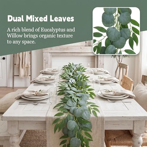 GREENTIME 4Pack 6.5Ft Artificial Eucalyptus Garland with Willow Leaves