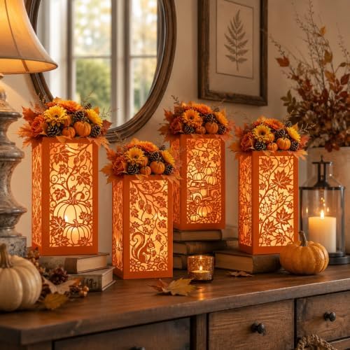 Urlax 8PCS Fall Decorations for Home Thanksgiving Table Centerpiece Box for Floral Arrangements Autumn Harvest Table Decor with Maple Leaves Pumpkin Squirrel Truck Design