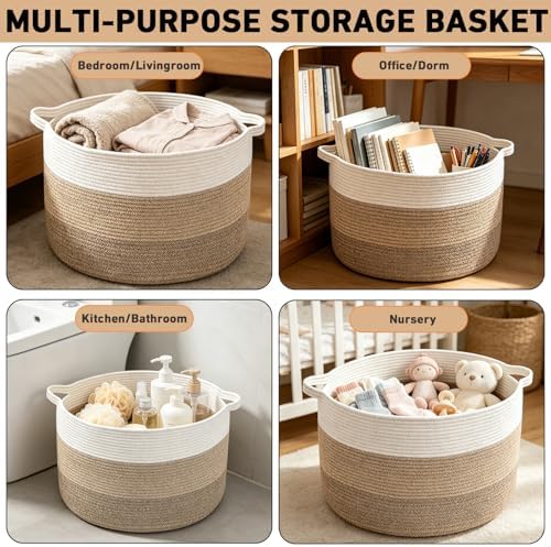 90L Extra Large Blanket Basket,Woven Rope Laundry Basket-Mix Brown