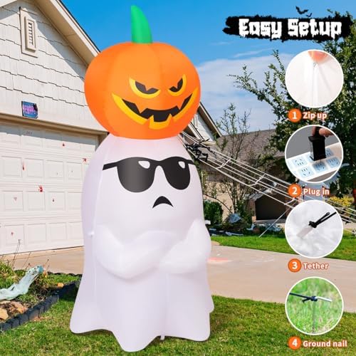 GOOSH 6.2 FT Halloween Inflatables Ghost with Pumpkin Outdoor Decorations Blow Up Yard with Built-in LEDs for Garden Lawn Indoor Party Decor
