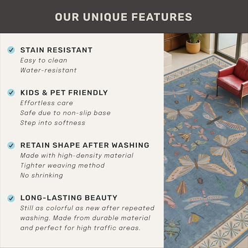 Hazo Haus 6x8 Blue Floral Area Rug for Living Room, Bedroom & Dining Room Table, Washable Non Slip Lightweight Foldable