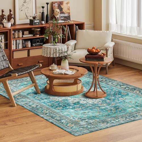 Washable Area Rug 8' x 10' Vintage Traditional Persian Mat - Foldable Distressed Non-Slip Machine Washable Carpet for