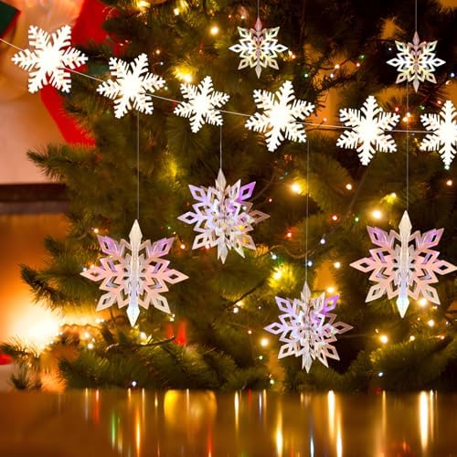 24 PCS Snowflake Christmas Hanging Party Decor Supplies,12 PCS 3D Glittery Snowflakes &12PCS 3D White Paper Snowflakes Hanging Garland for Christmas Winter Holiday New Year Wonderland Party Decoration