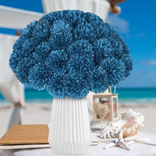 36 Pcs Artificial Chrysanthemums Flowers Silk Teal Ball Flower Fake Mums Flowers for Christmas Wedding Floral Table Centerpiece Home Decor