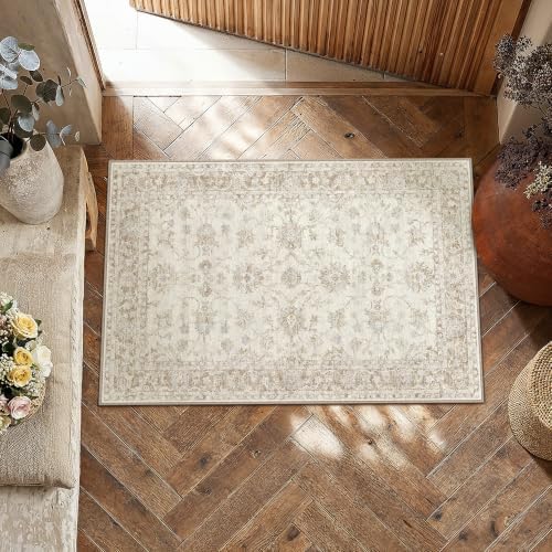 2x3 Beige Neutral Floral Entryway Area Rug