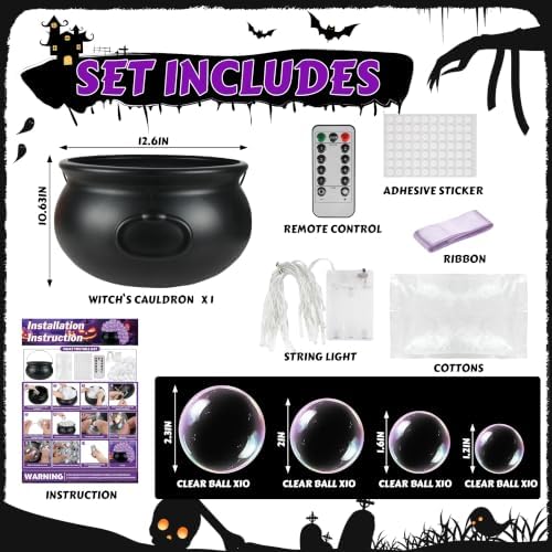 Halloween Witches Cauldron Decorations, DIY Bubbling Large Cauldron Bowl Set with Clear Plastic Balls, Purple String Light and Purple Ribbon for Halloween Hocus Pocus Party Indoor Outdoor Decor