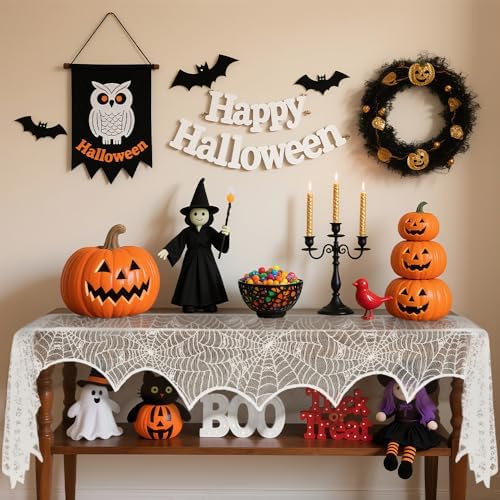 2 Pcs Halloween Mantle Scarf, White Lace Spiderweb Fireplace Mantel Scarf, Halloween Fireplace Decor Cover Garland for Door Window Indoor Curtain Festive Party Supplies, 18 x 83 Inch