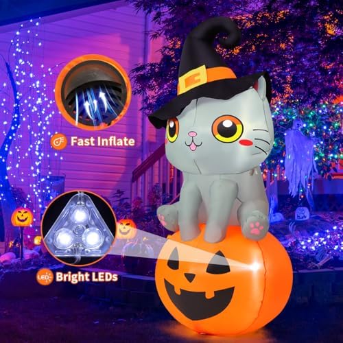 GOOSH 6 FT Halloween Inflatables Cat Outdoor Decorations Blow Up Yard Cute Wizard Cat Sitting Pumpkin with Built-in LEDs for Garden Lawn Indoor Party Decor