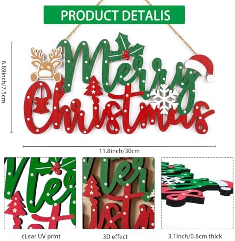 Merry Christmas Sign for Front Door Decor - 2 in 1Wooden 11.8 Inch × 6.7inch Christmas Wreath Wall Hanging or Tabletop Centerpiece for Door, Table, Fireplace