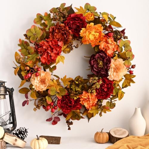 Fall Wreaths for Front Door, 24 Inch Fall Door Wreath with Hydrangea