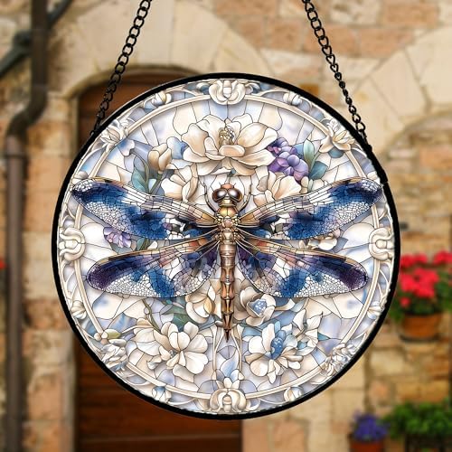Dragonfly White Florals Stained Glass Window Hanging Suncatcher Gifts 7.8"