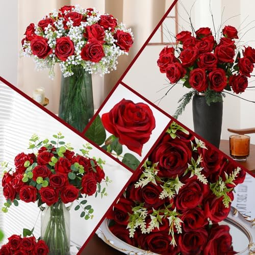 50PCS Artificial Silk Roses in Bulk & Bouquet Long Stem – Realistic Fake Roses for Wedding Centerpieces, Home Decor, Floral Arrangements, Party Decoration (Burgundy)