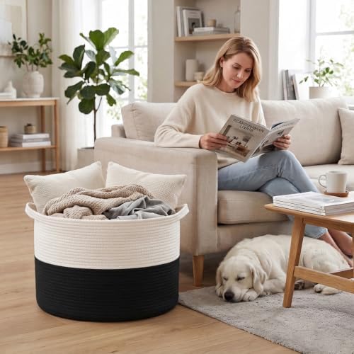 65L Large Blanket Basket,Woven Rope Laundry Basket-White&Black