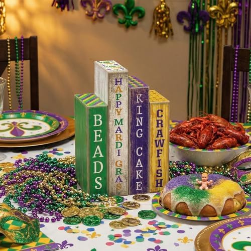 Lineshading 4 Pcs Mardi Gras Table Decor Rustic Wooden Book Carnival Signs