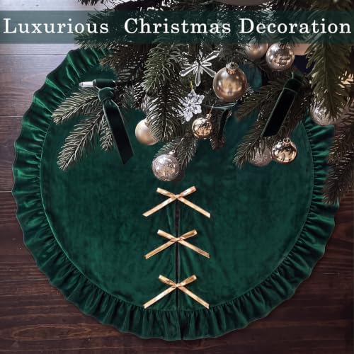 Velvet Christmas Tree Skirt, 48 Inches, Bow Style, Dark Green