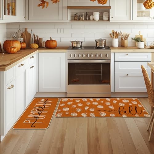 Artoid Mode Orange Hello Pumpkin Fall Kitchen Mats Set of 2 - 17x29+17x47"