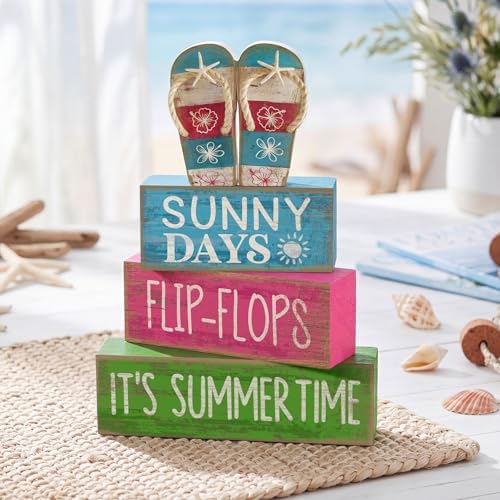 Lineshading 4 Pcs Flip Flop Beach Summer Wooden Block Signs Table Decor