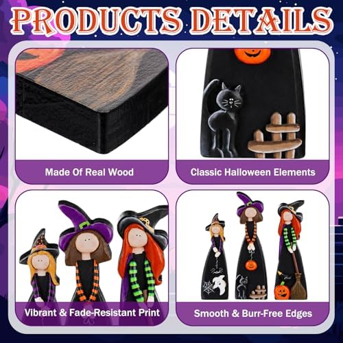 Suzile 3 Pcs Halloween Witch Table Decorations, Wooden Tabletop Figurines