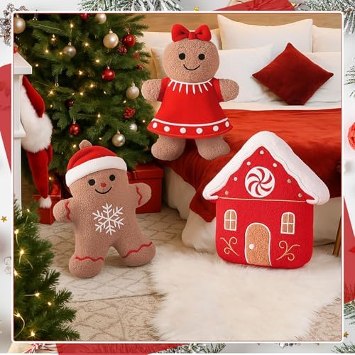 Konohan 3 Pcs Christmas Gingerbread Man House Throw Pillows Xmas Pillows