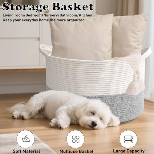 115L Extra Large Blanket Basket, Woven Laundry Basket-White&Grey