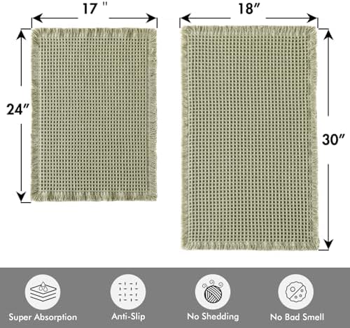 MIULEE Set of 2 Waffle Bathroom Rugs Sage Green Bath Mat 17"x24"+18"x30"