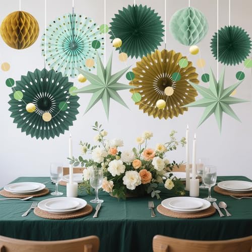 ADLKGG 10-Piece Sage Green Gold Party Decorations, Hanging Paper Fans