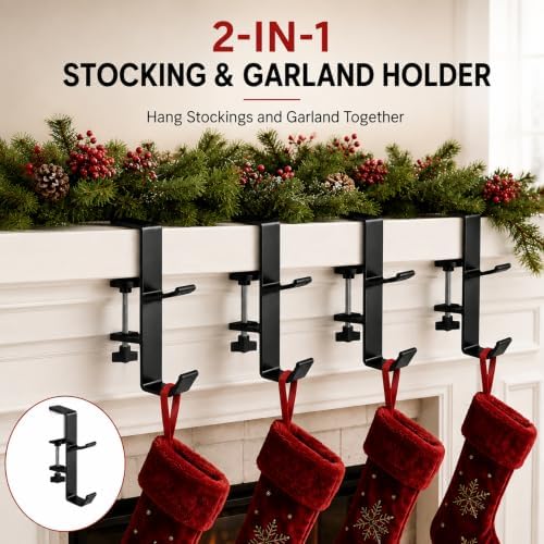 AZHAIBUQI 4 Pack Stocking Holders for Mantle, Upgraded 2 in 1 Christmas Stocking Hangers & Garland Holder, Adjustable Fireplace Hooks Fit Mantels Up to 3.54 Inches Thick, No Drilling, Black