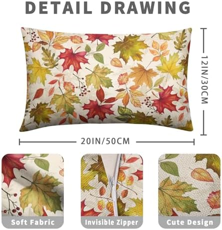 Fall Leaves Pillow Covers 12x20 Set of 2 Maple Leaf Autumn Lumbar Throw Pillows Seasonal Thanksgiving Harvest Pillowcase Rustic Farmhouse Cushion Case for Outdoor Couch Porch Patio