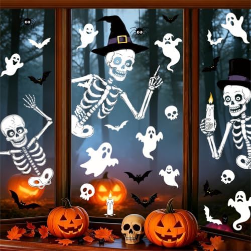 Halloween Skeleton Static Window Clings, Double Sided Ghost Bat Stickers for Party Decor