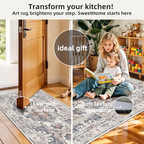 Washable Kitchen Rug Set of 3: Boho Non-slip Soft Stove Sink Mat Light Weight Stain Resistant Carpet for Dog Bowl Area