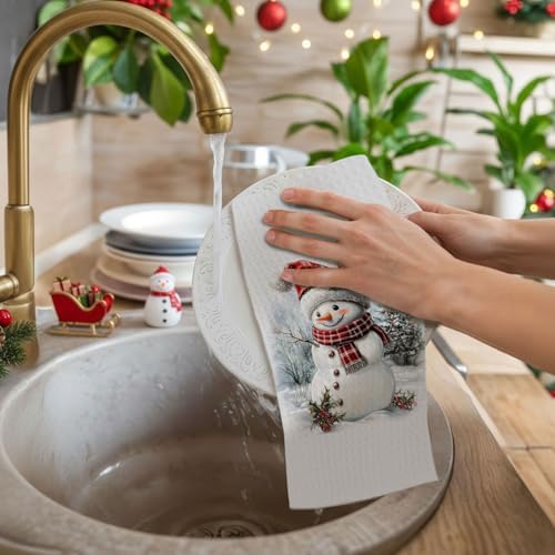 Red Plaid Christmas Snowman Kitchen Towels, Winter Christmas Dish Towels Drying Cloth for Kitchen, Retro Xmas Tree Santa Snowman Decorative Hand Towel for Bathroom, 16x24 Inch