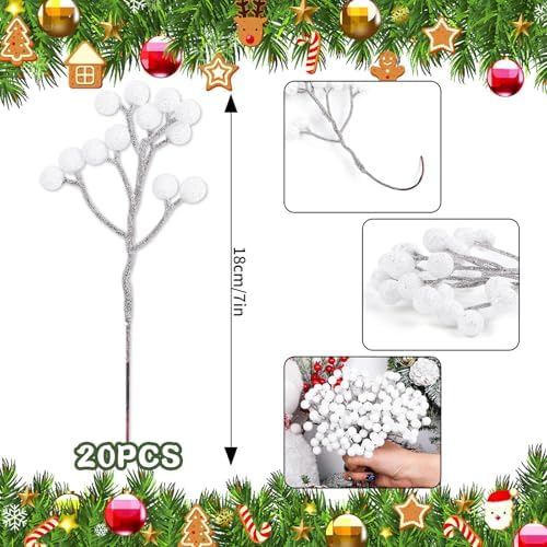 Fangoo 20 Pack 7 Inch Artificial White Berry Picks for Christmas Tree White Berries Stems Holly Berry Branches Ornaments Wreath Crafts Wedding Holiday Season Winter Home Decor